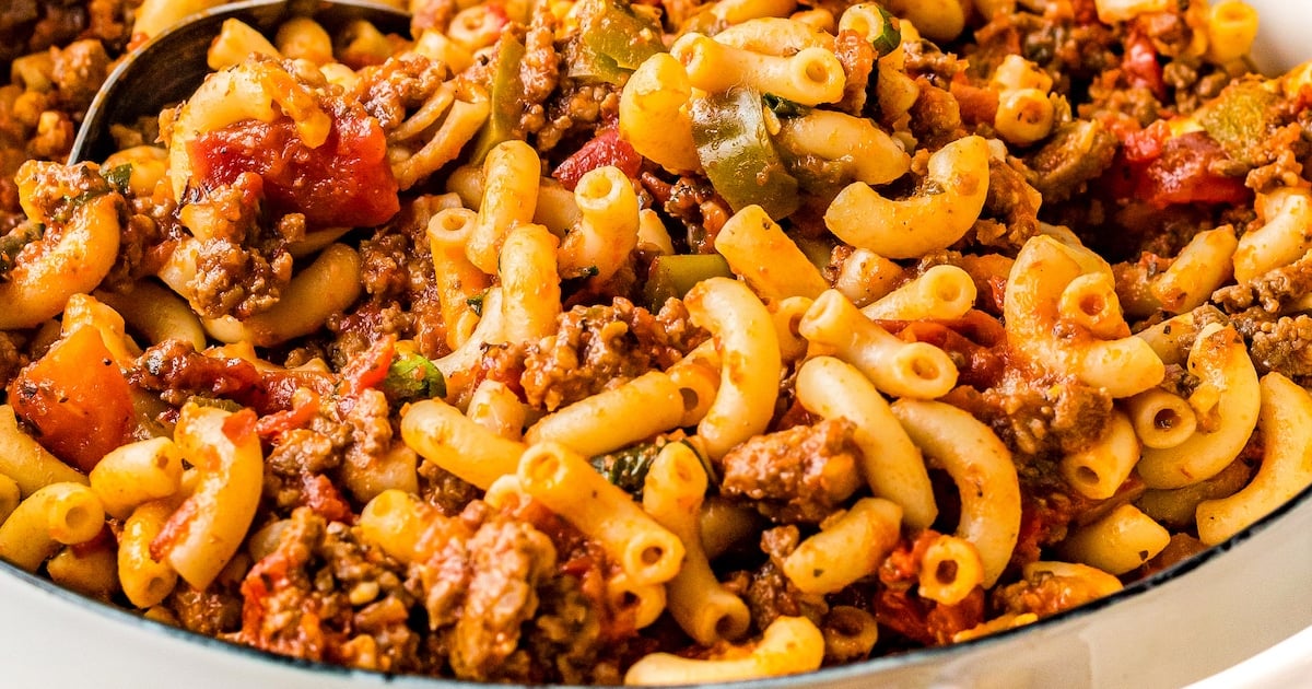 Close up of American goulash in a pot.