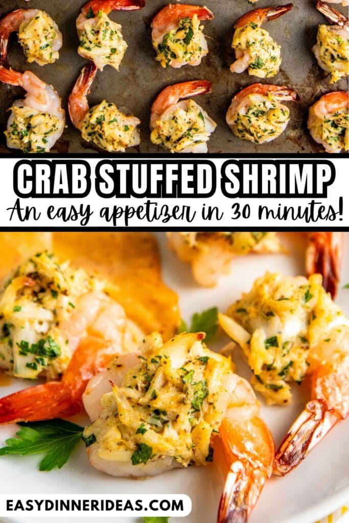 Crab stuffed shrimp on a baking sheet and on a plate.