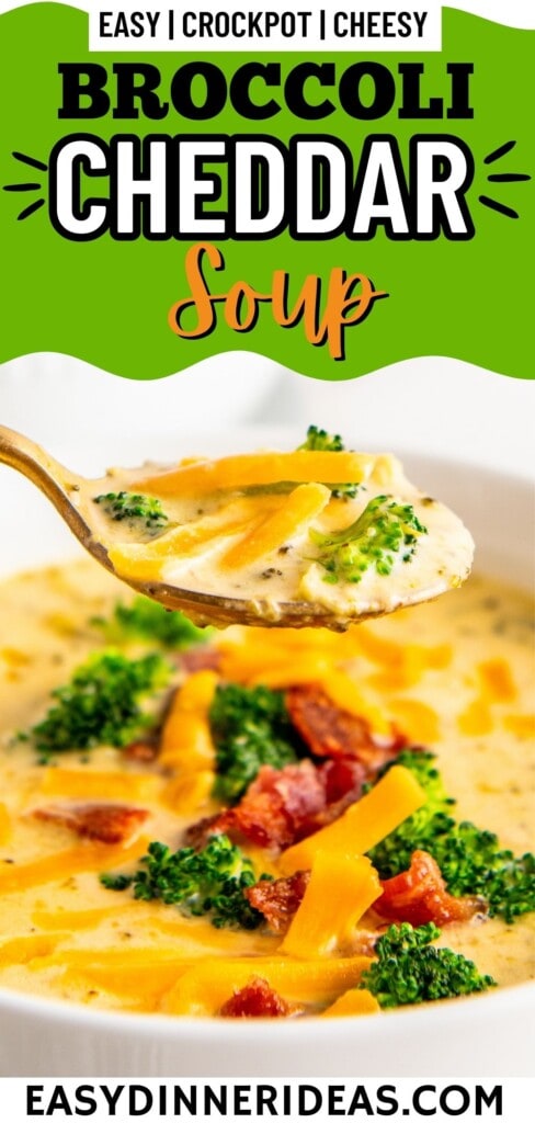 A spoon scooping up a bite of broccoli cheese soup.