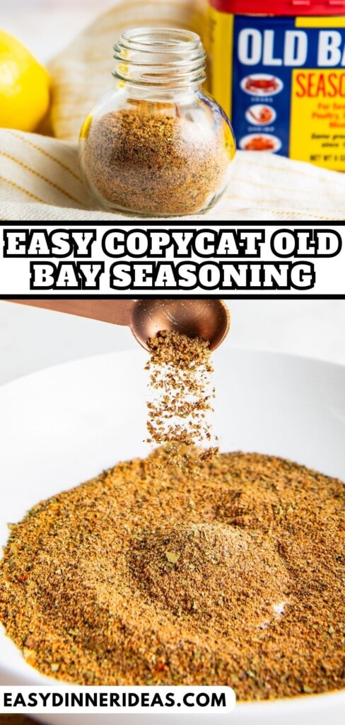 Homemade old bay seasoning in a jar and in a bowl.