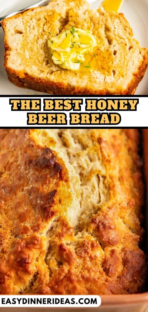 A slice of beer bread and a loaf of beer bread in a baking loaf pan.