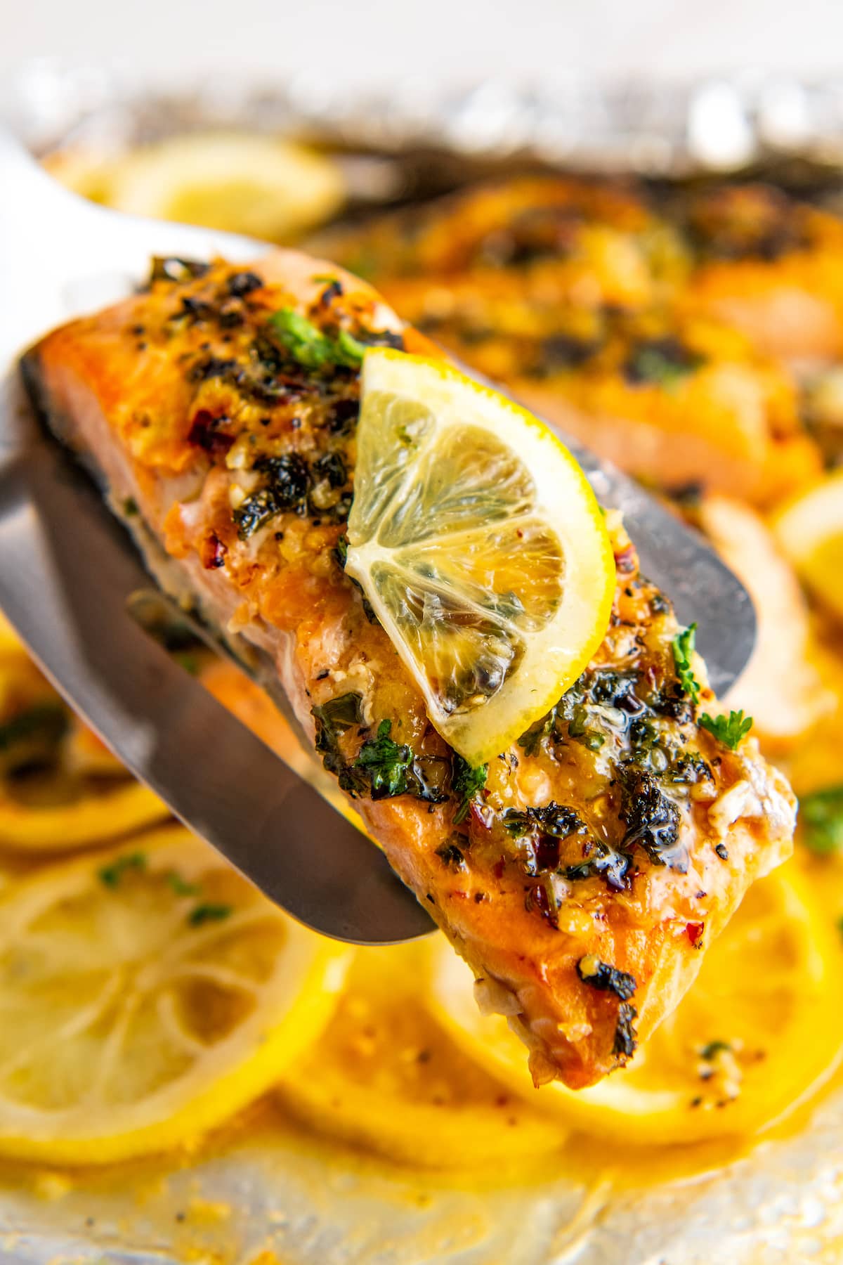A salmon fillet on a spatula, topped with parsley and lemon, with more fillets and lemons in the background.