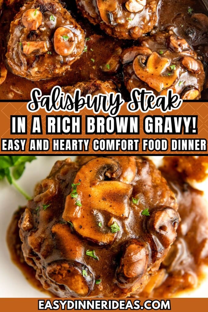 Salisbury Steak in a pan and on a plate.