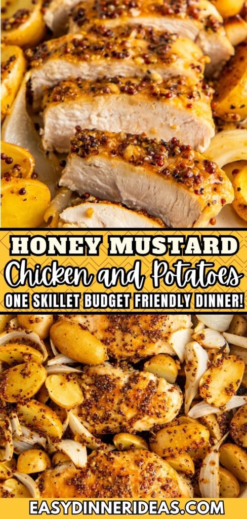 Baked honey mustard chicken with potatoes and onions in a skillet.