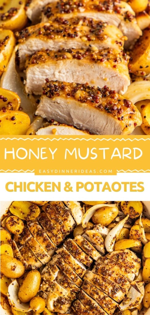 Sliced honey mustard chicken and potatoes in a skillet.