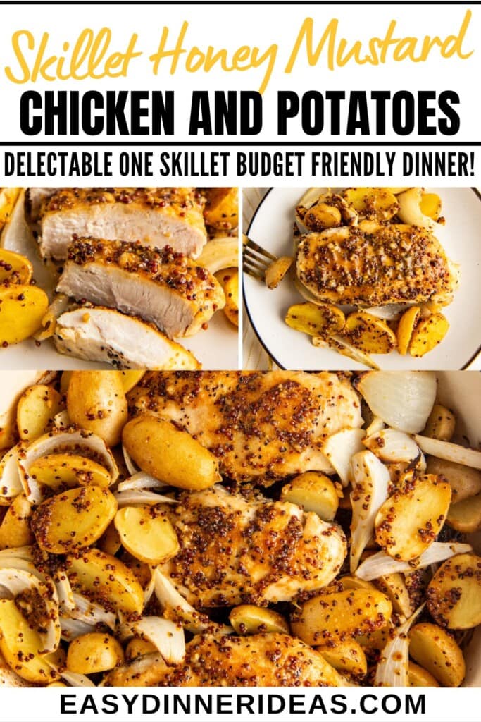 Honey mustard chicken in a skillet and a serving on a plate being cut with a fork and knife.