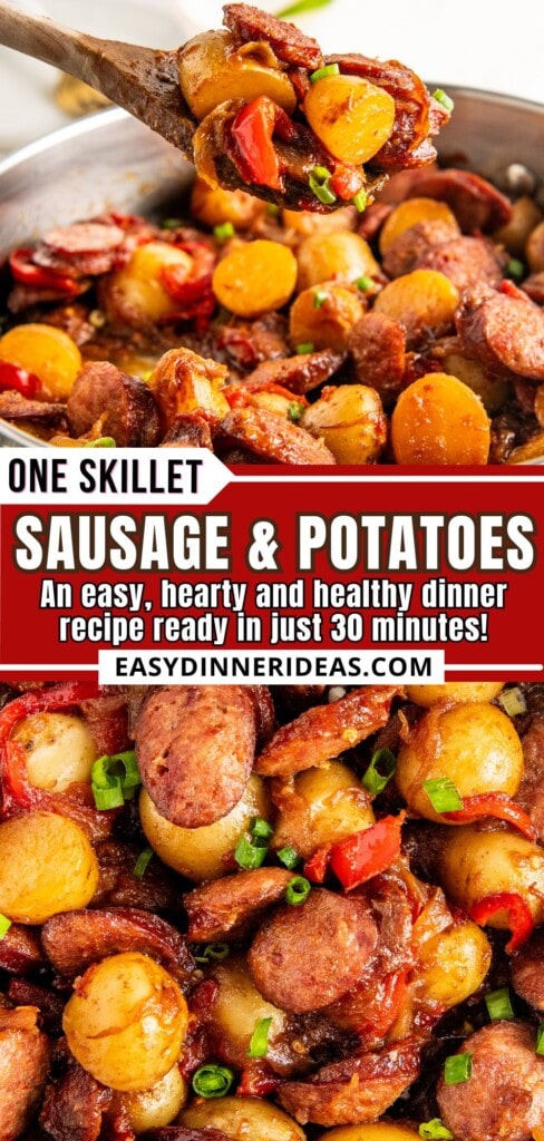 Sausage and Potatoes in a skillet and wooden spoon scooping out.
