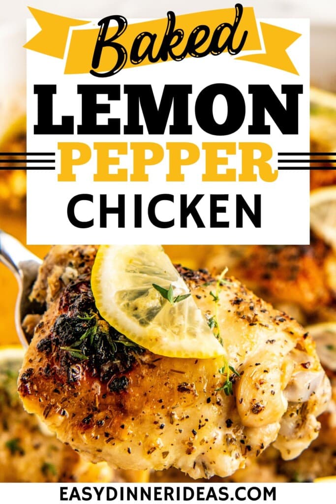 A lemon pepper baked chicken thigh being scooped out of a casserole dish with a serving spoon.