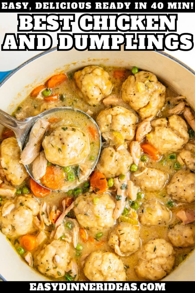 A large pot of easy chicken and dumpling with a ladle scooping out a serving.
