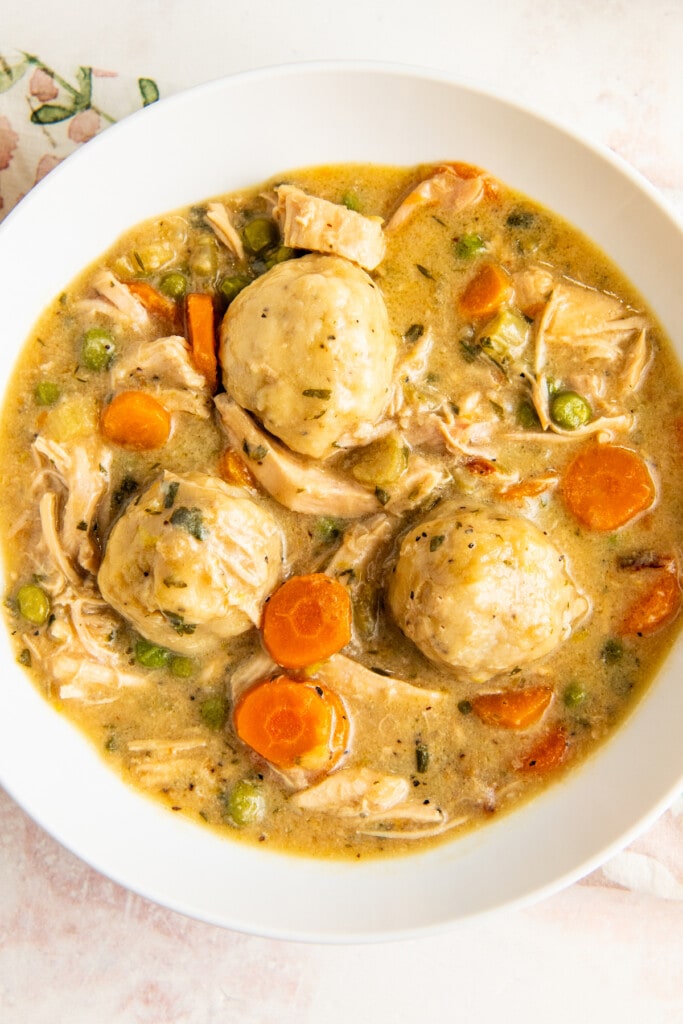 A bowl full of southern chicken and dumplings.
