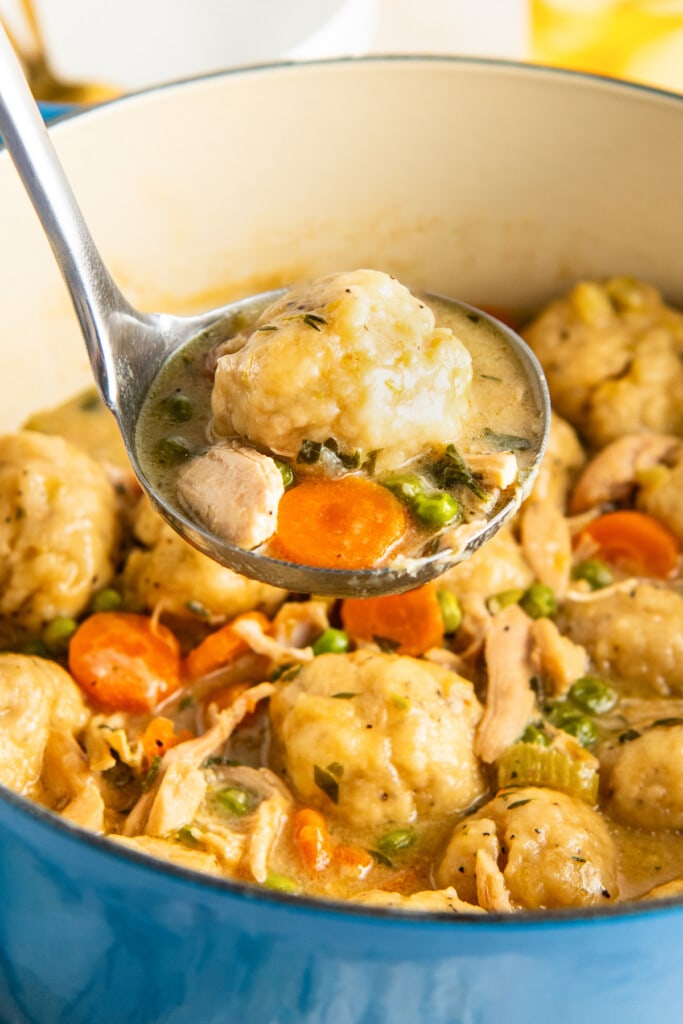 A serving ladle full of easy chicken and dumplings being scooped out of a dutch oven.