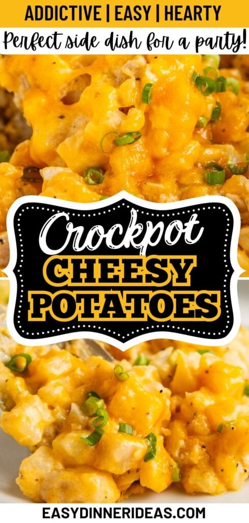 Crockpot cheesy potatoes in a slow cooker and a serving being placed on a plate.