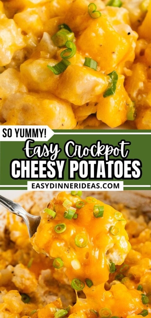 Slow cooker cheesy potatoes on a plate and a spoon scooping out a serving from the crockpot.