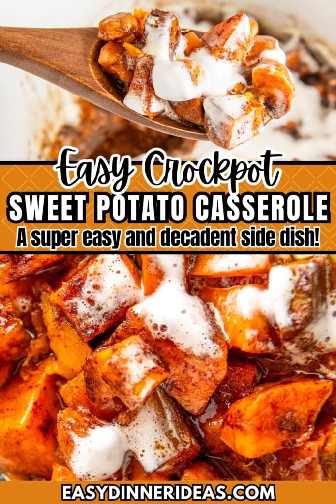 Crock pot sweet potato casserole in a slow cooker with a wooden spoon scooping out a serving.