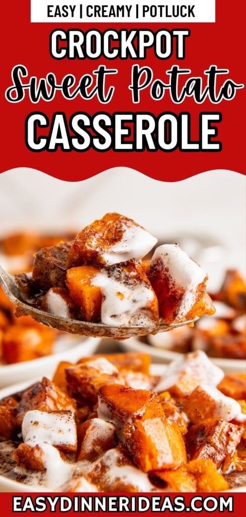 A spoon adding some sweet potato casserole with marshmallows onto a plate.