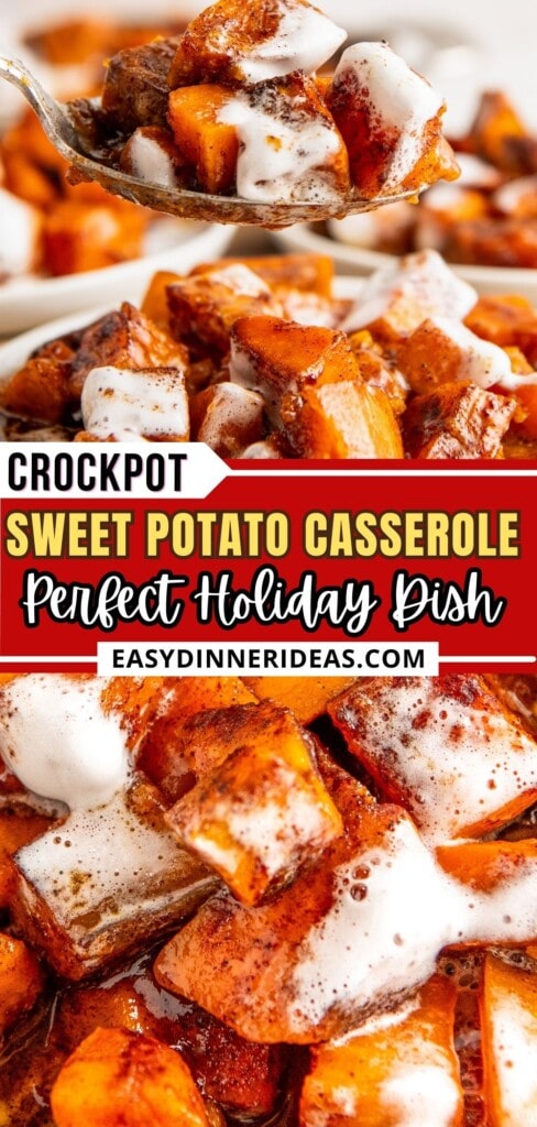 Crockpot sweet potato casserole in a slow cooker with a spoon placing a serving on a plate.