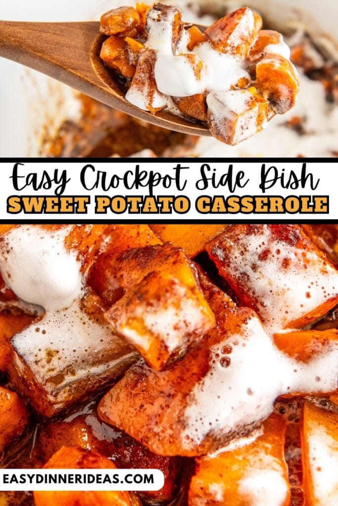Crockpot sweet potato casserole with a wooden spoon scooping out a serving.