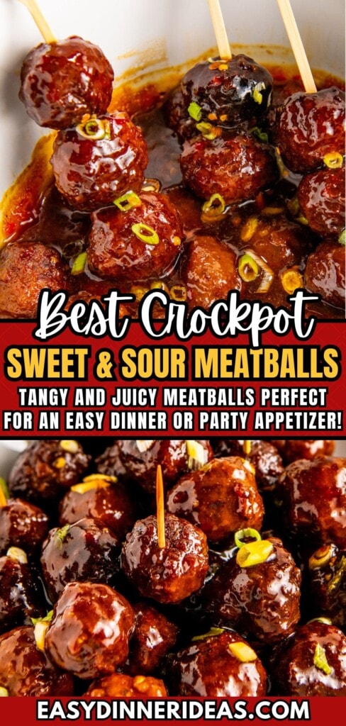 Crockpot sweet and sour meatballs with toothpicks inserted in the top.
