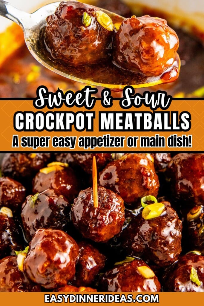 A spoon scooping crockpot meatballs out of a slow cooker and sweet and sour meatballs piled high in a bowl with toothpicks inserted in a few meatballs.