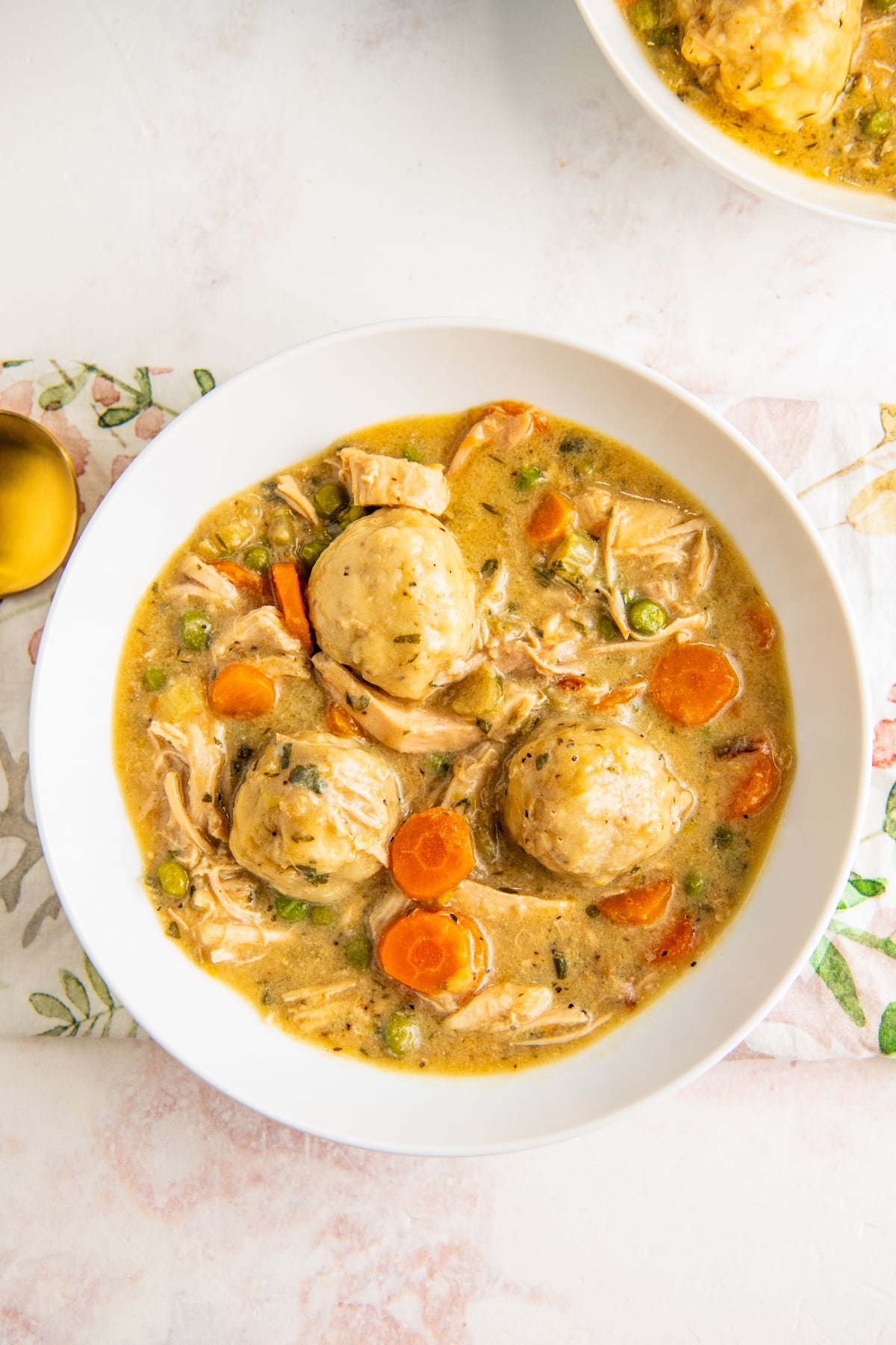 A white bowl full of homemade chicken and dumplings