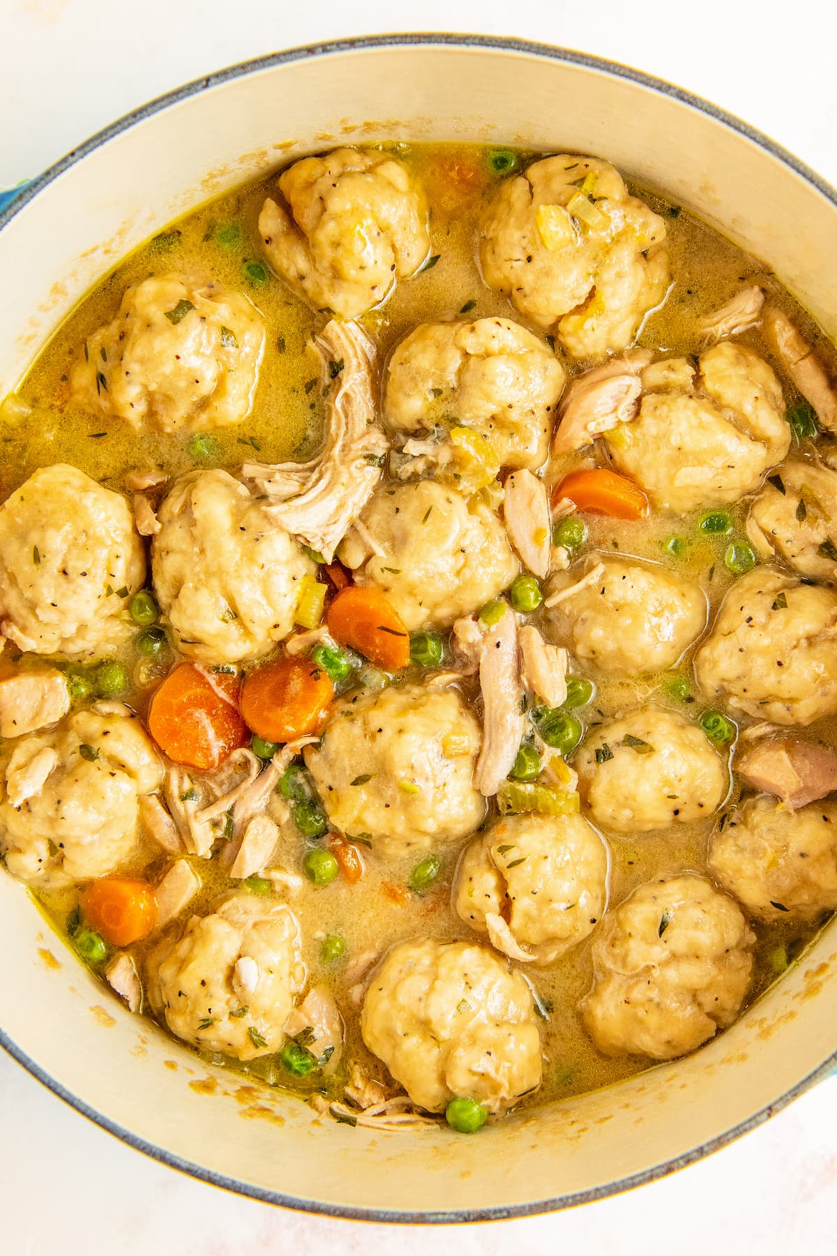 A pot full of homemade chicken and dumplings