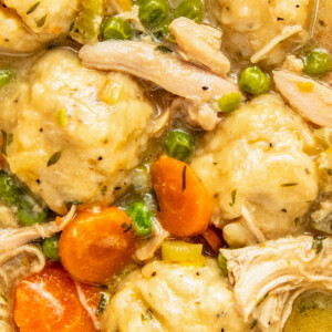 A delicious bowl of chicken and dumplings