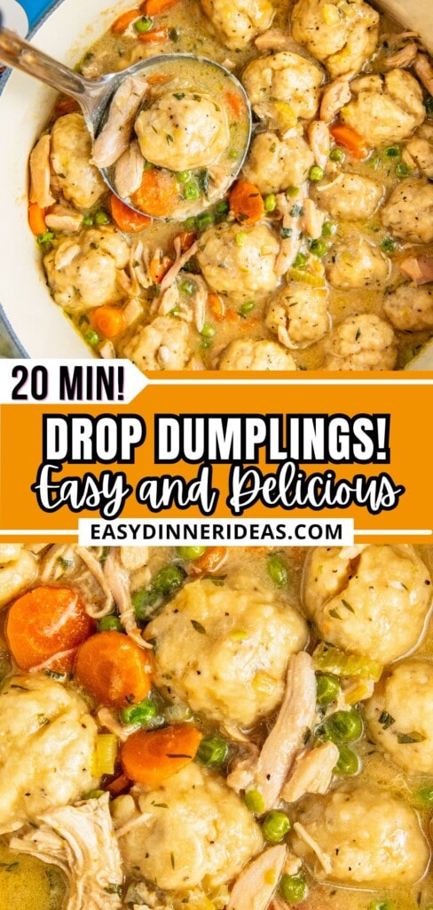 A pot of drop dumplings in a creamy chicken soup with a ladle scooping out a serving.
