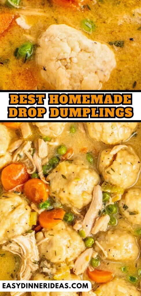 A pot of drop dumplings in a creamy chicken soup.