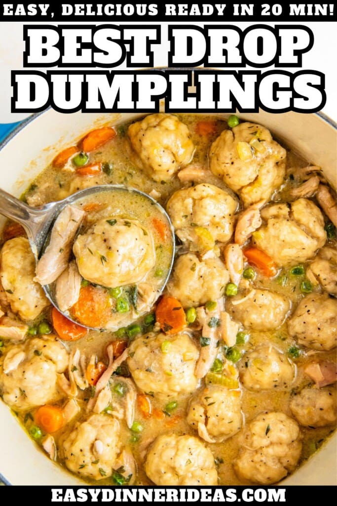 A pot of homemade drop dumplings in a creamy chicken soup.