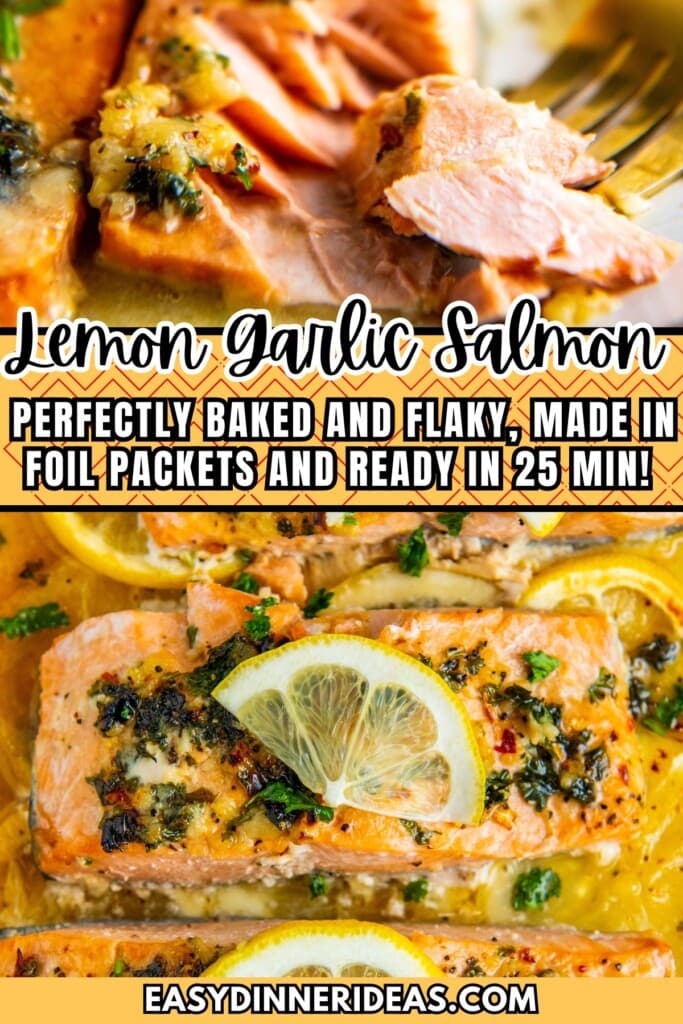 A fork flaking the cooked fish and cooked salmon in a lemon butter sauce on a sheet pan.