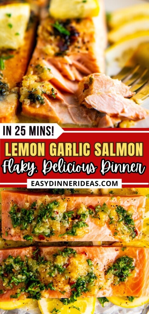 Lemon garlic salmon on a sheet pan with lemons before baking and a baked piece of fish on a plate with a fork taking a bite.
