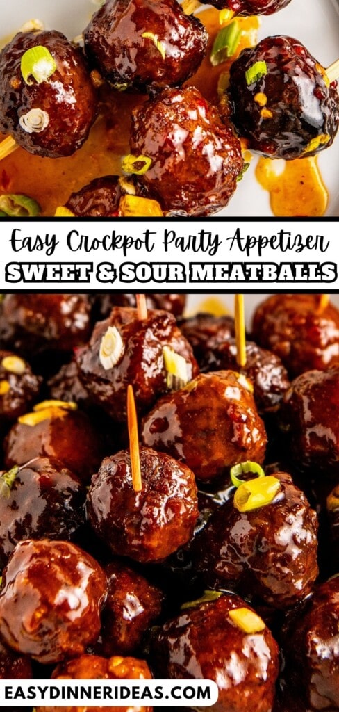 Crockpot sweet and sour meatballs on a plate and in a bowl with toothpicks for serving.