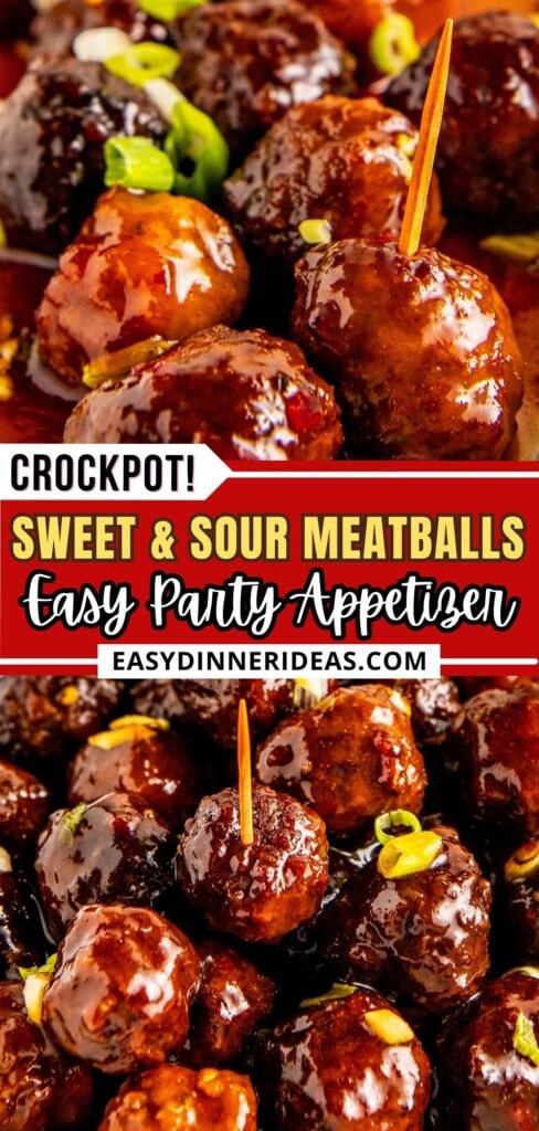 Meatballs in a sweet and sour sauce with a toothpick inserted in a few meatballs for easy serving.