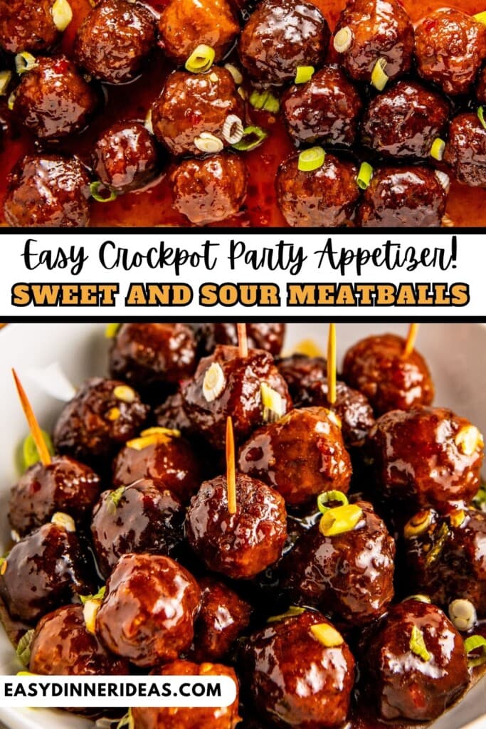 Crockpot sweet and sour meatballs served on a plate and in a bowl with a toothpick inserted for easy serving.
