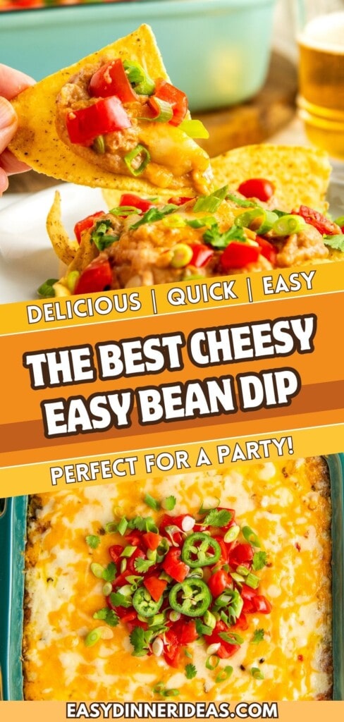 A tortilla chip with refried bean dip and pico on it with the baked bean dip in a casserole dish.