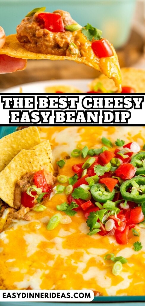 A tortilla chip with bean dip on it and the dip in a casserole dish topped with melted cheese.