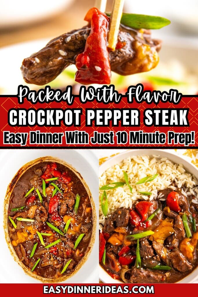 A crockpot filled with pepper steak, pepper steak in a bowl with rice and chopsticks picking up a bite of pepper steak.