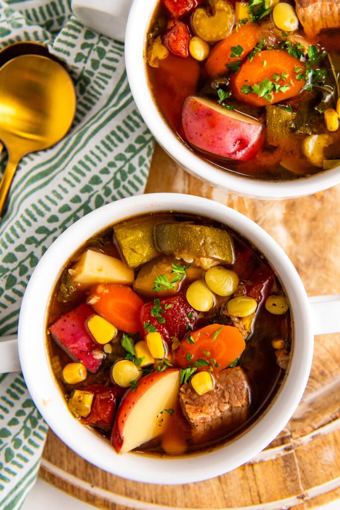 A bowl of crockpot vegetable beef soup.