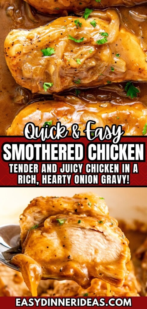 Smothered chicken and gravy in a a skillet and a fork lifting a bite.