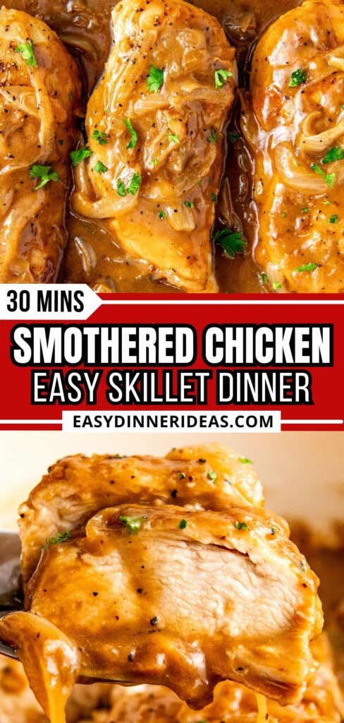 Smothered chicken in gravy in a skillet and a fork lifting a bite of sliced chicken.