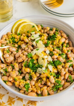 White bean salad in a white bowl garnished with lemon zest and garlic.