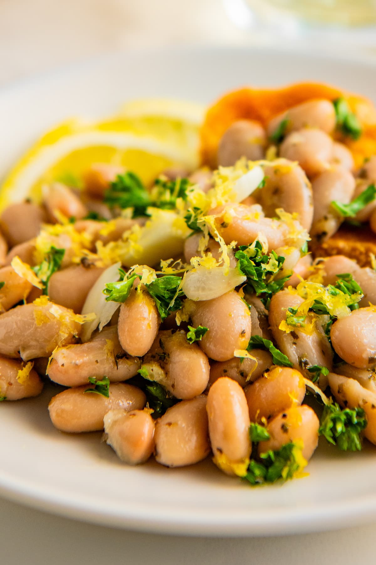 Close up of bean salad with fresh garlic, parsley and lemon zest on a plate.