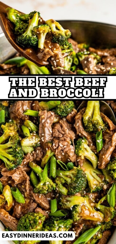 Broccoli and beef in a bowl with a wooden spoon scooping out a serving.