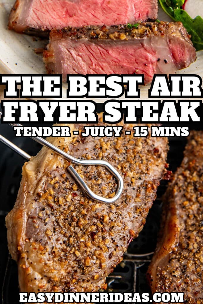 Air fryer steak being taken out of an air fryer basket with tongs and steak on a plate sliced into pieces.