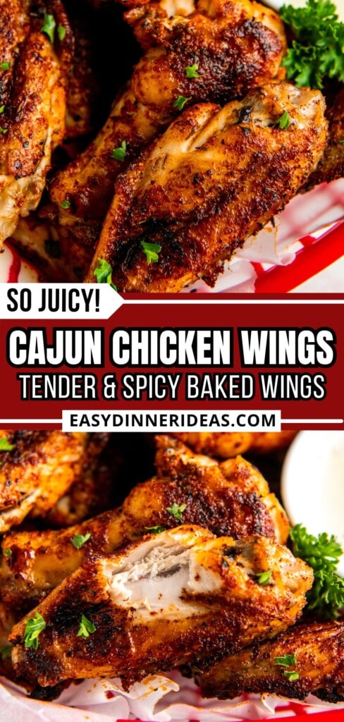 Baked chicken wings in a basket with a bite taken out of one cajun wing to show the tender inside.