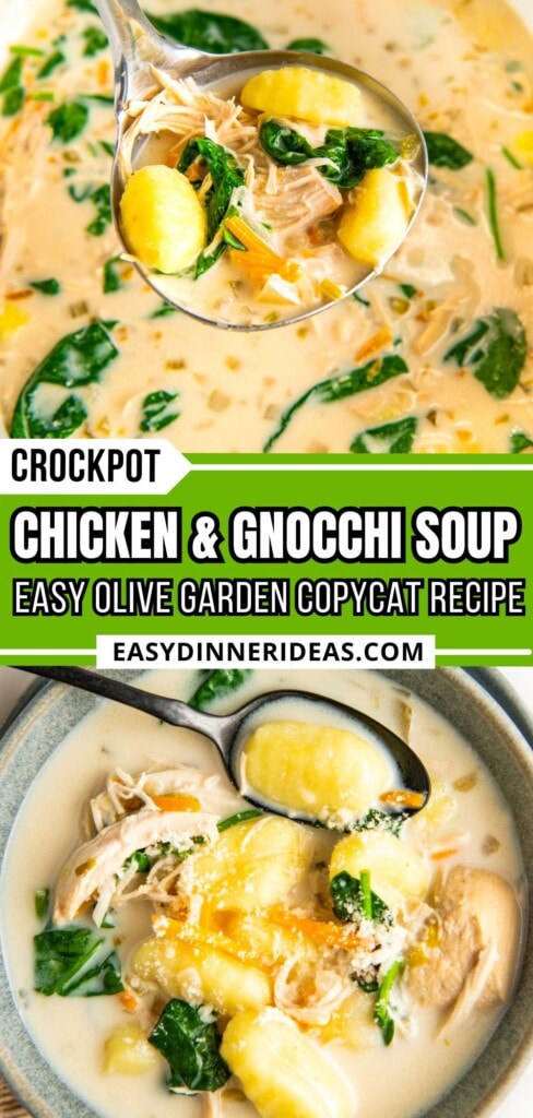 chicken gnocchi soup in crockpot with ladle scooping out a serving and a bowl of soup with a spoon.