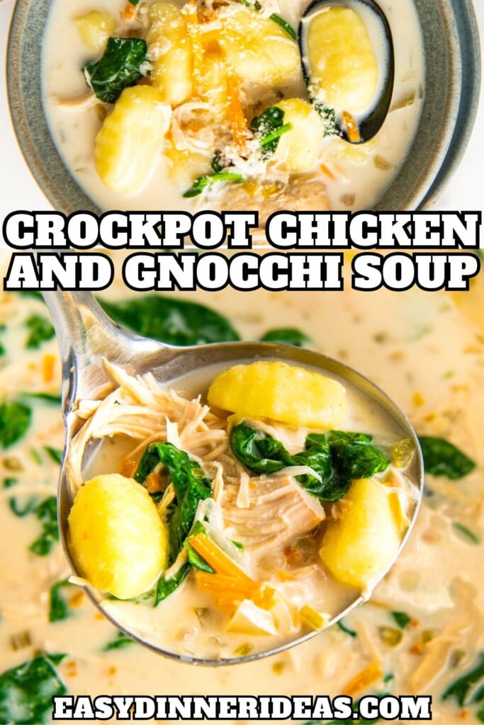 Chicken and gnocchi soup in a crockpot with a ladle scooping out a serving.