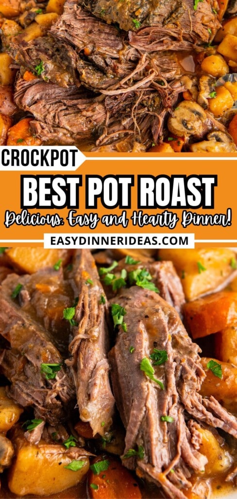 Slow cooker pot roast shredded in the crockpot and served on a plate with gravy and vegetables.