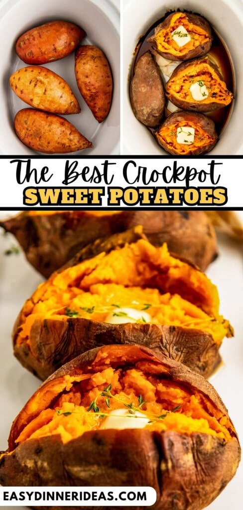 Sweet potatoes cooked in a slow cooker and served on a plate with butter.