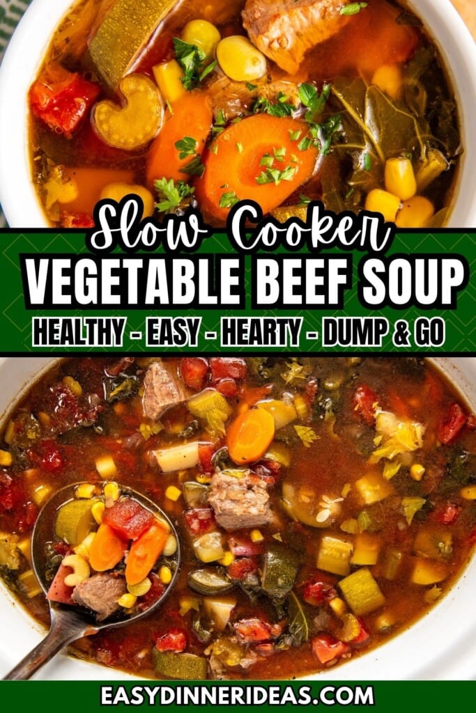 A bowl of Crockpot Vegetable Beef Soup and a ladle scooping a serving of soup out of a slow cooker.